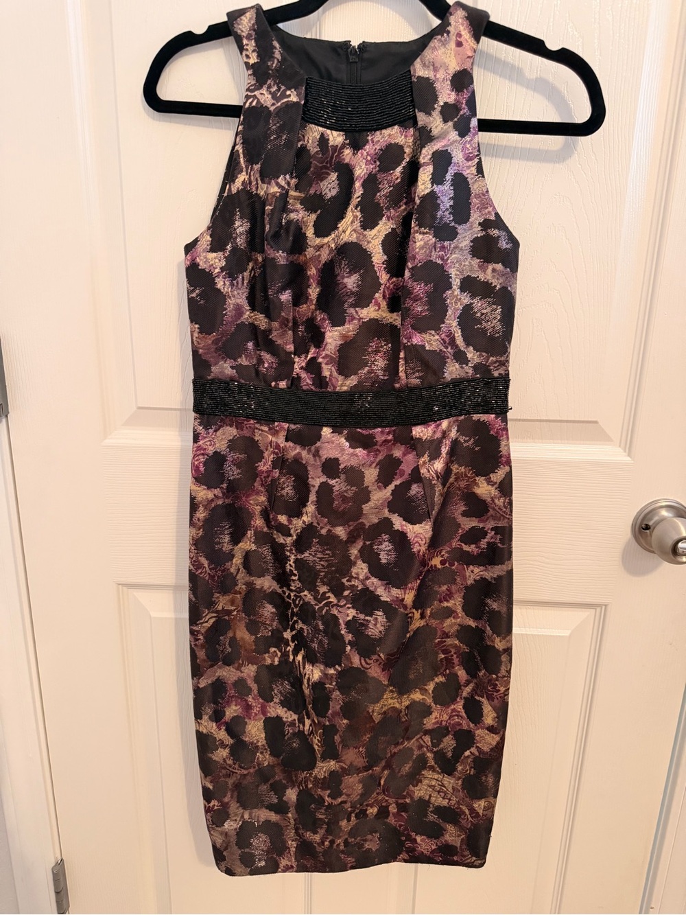 Carmen Marc Valvo Purple and Black Animal Print Sleeveless Party Dress